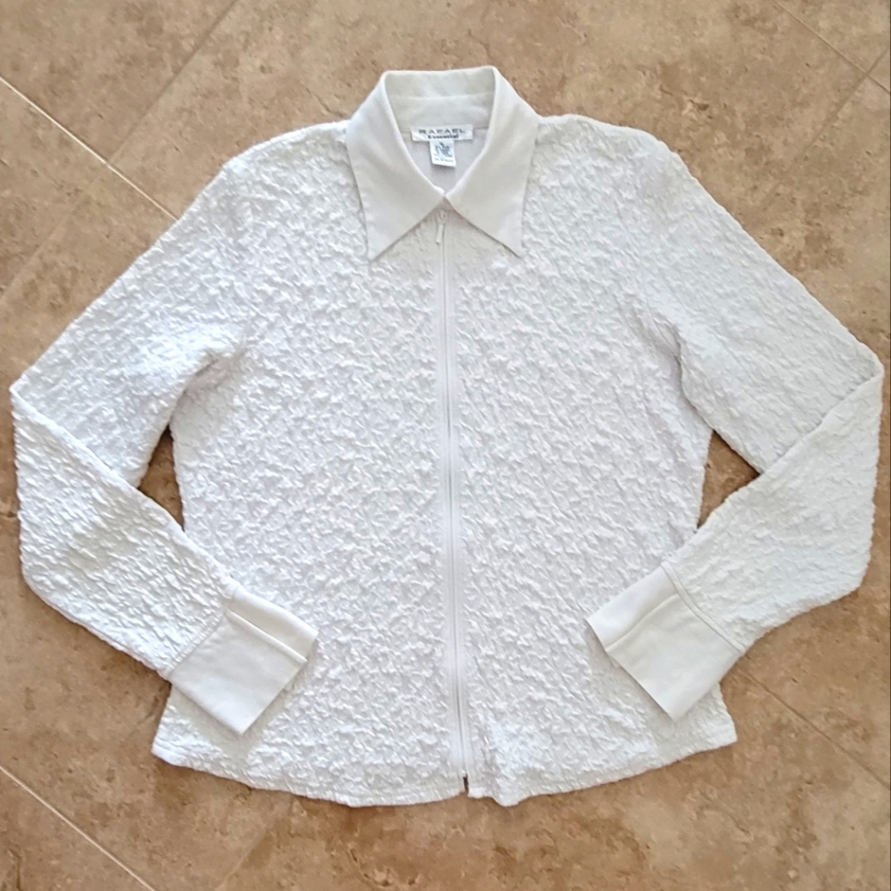 XL or L White Zipper Front Stretchy 3D Knit Shirt Jacket w/ Shirt Collar & Cuffs